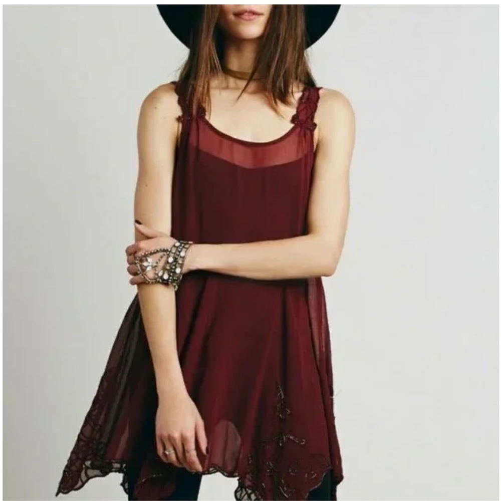 FREE PEOPLE Burgundy Sheer Slip Dress Size small with under slip